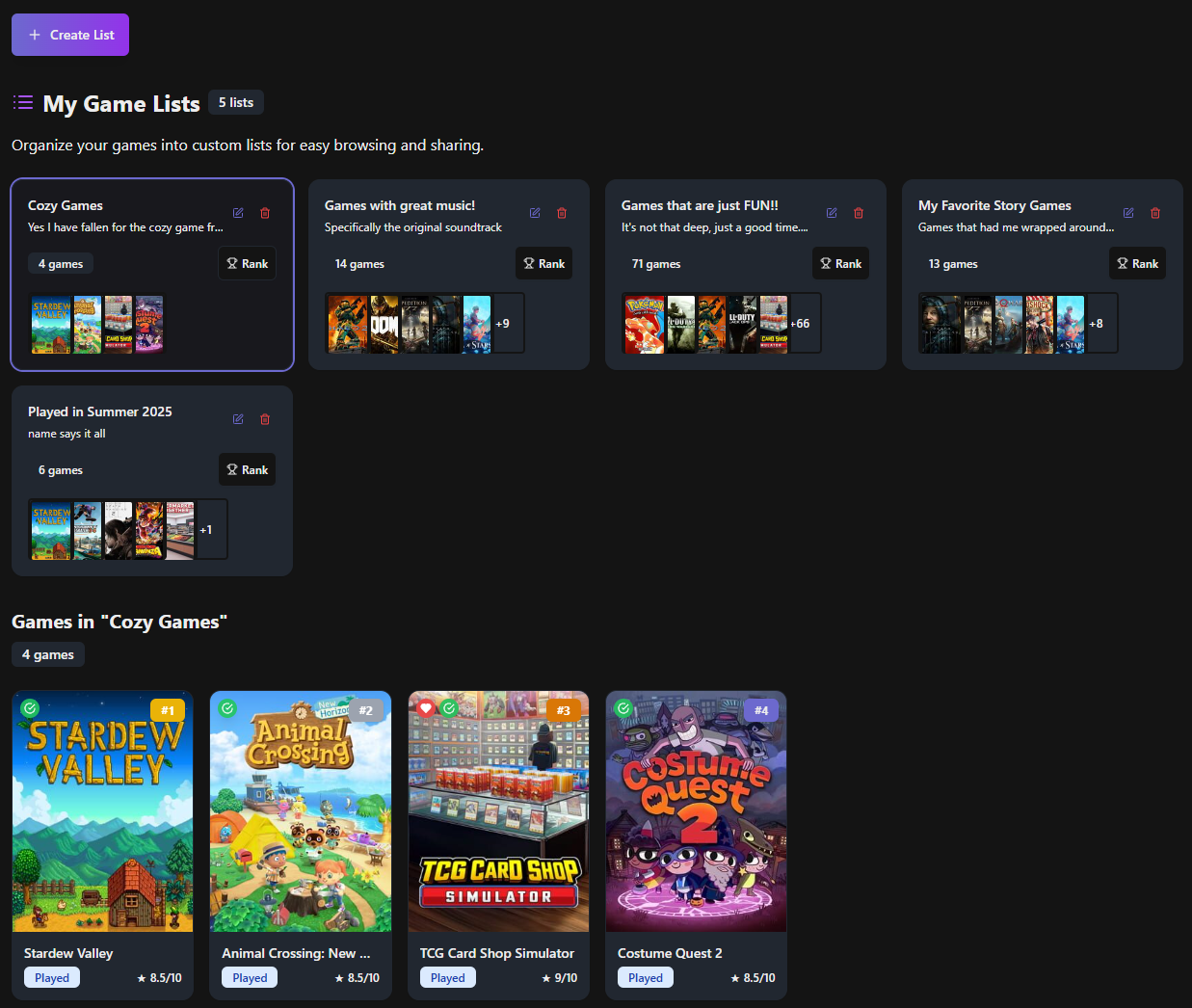Gaming list showing various cozy video game titles